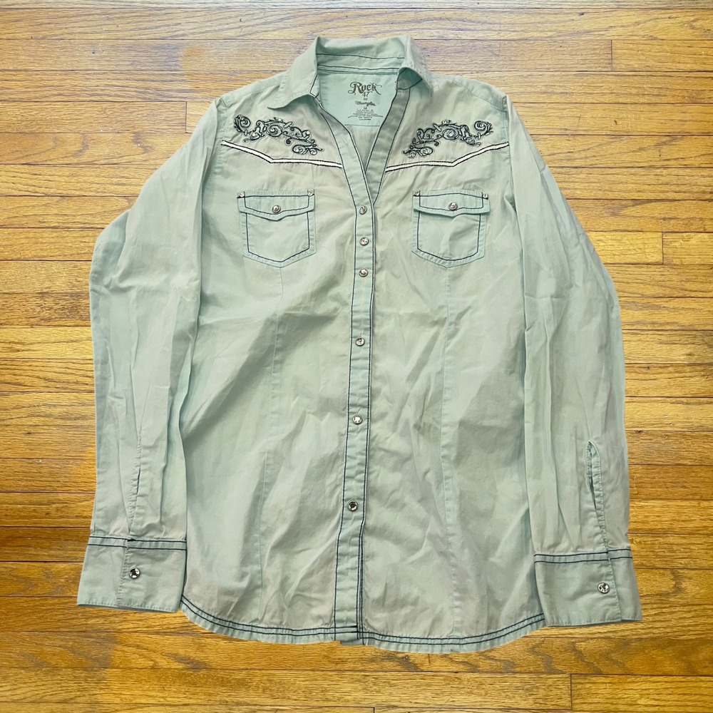 Rock 47 by Wrangler Mens Western Snap Shirt Sage Green Embroidered Rhinestone M